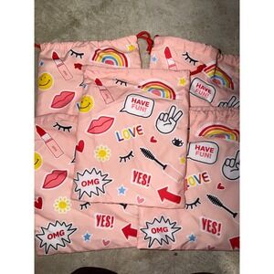 Ipsy Pink Graphic Print Drawstring Makeup Bag Love Peace Cosmetic Pouches New‎